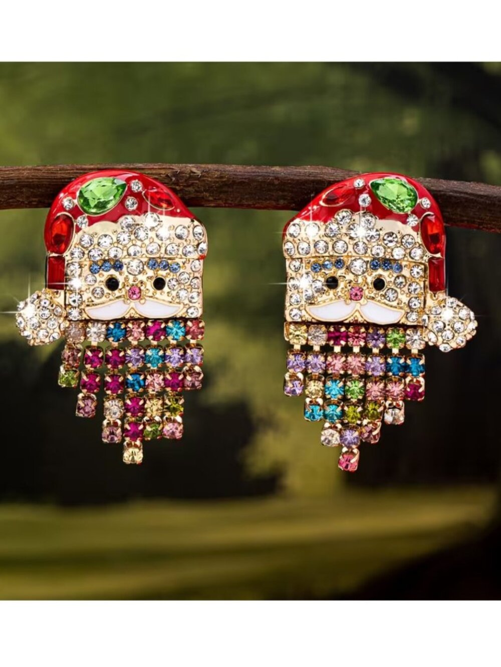 Sparkly Christmas Santa Earrings Colorful Fringe Dangle Holiday Statement Studs